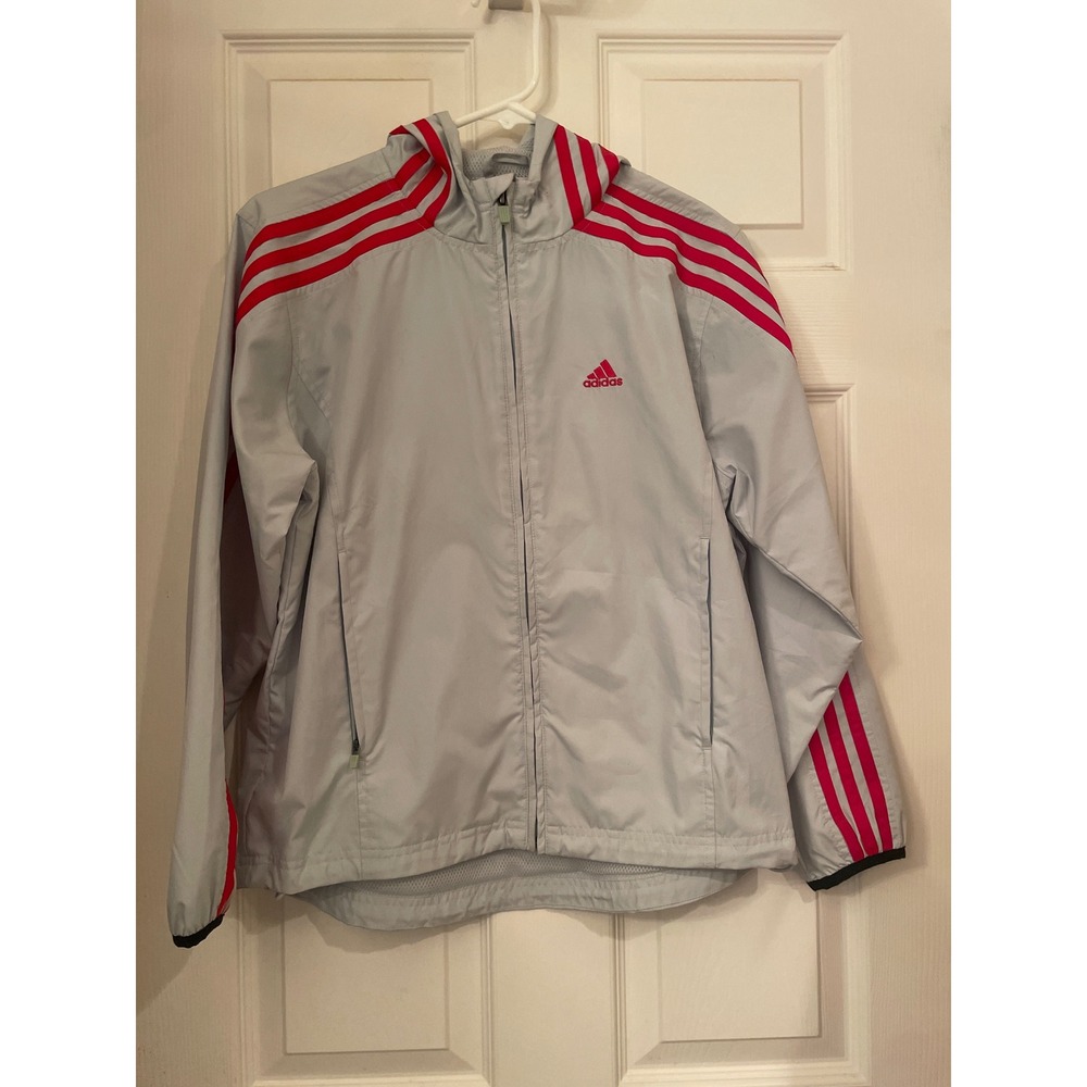 Adidas Lightweight Hooded Windbreaker Jacket Gray Red Stripes Athletic Sz M